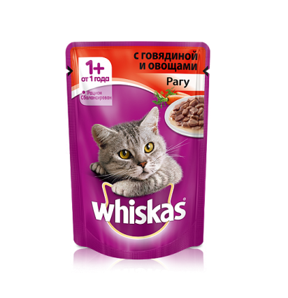 Whiskas для кошек рагу с говядиной и овощами 85 гр.
